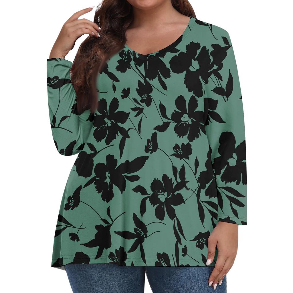 Modisches lässiges Langarm-Oberteil für Damen in Übergröße mit Blumenprint Übergröße Blumenprint-Oberteil