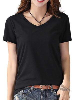 Andrei Women's V-Neck T-Shirt, Quick-Drying, Solid Color, Cool To the Touch, Lightweight, Simple, Casual Top, Short Sleeve (Black, Size M)
