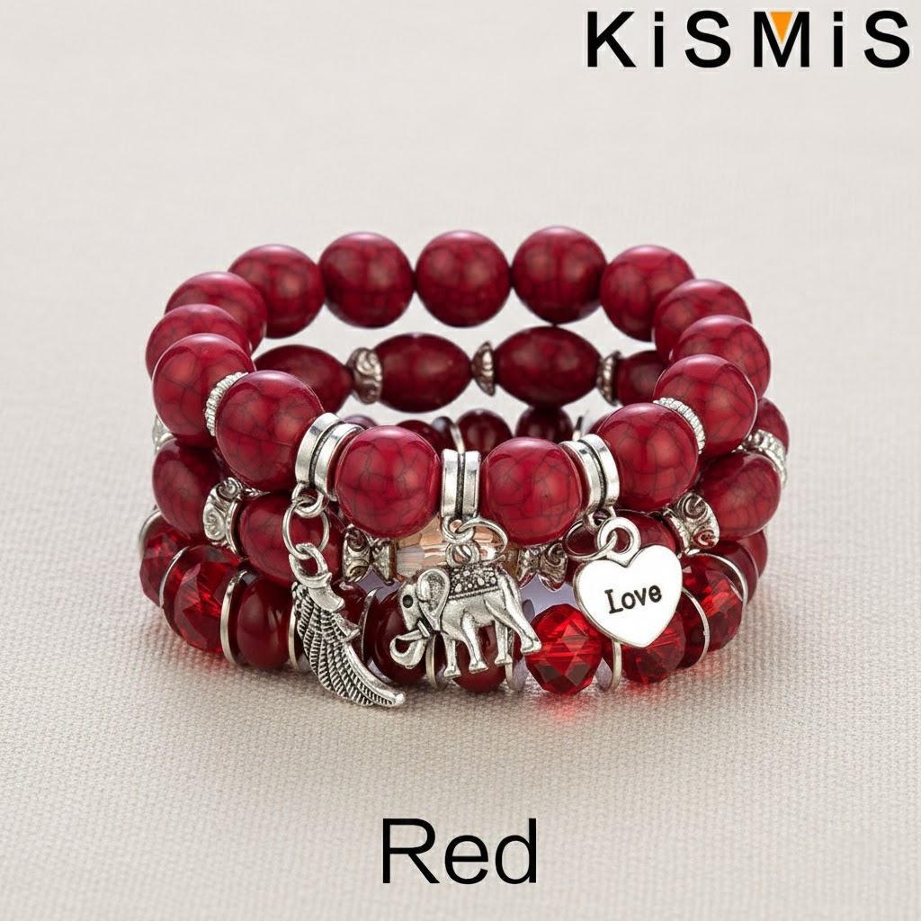 3Pcs Layered Boho Bracelets Set Stackable Stretch Bead Bracelet with Elephant Heart Charm for Women Fashion Jewelry