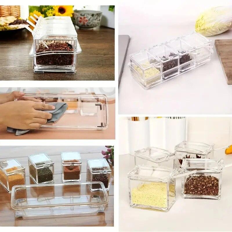 1 Set Four-Grid Kitchen Seasoning Box Set With Spoon Household Salt Sugar Spice Seasoning Tank Storage Box Kitchen Supplies