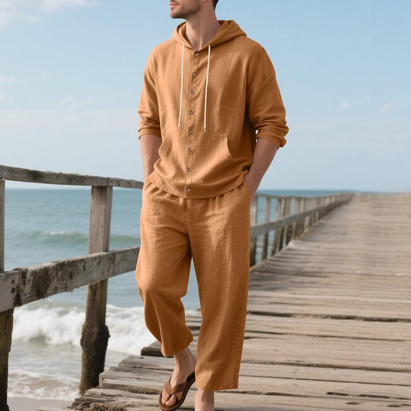 Men s loose-fit linen hooded long-sleeved shirt and trousers casual suit S