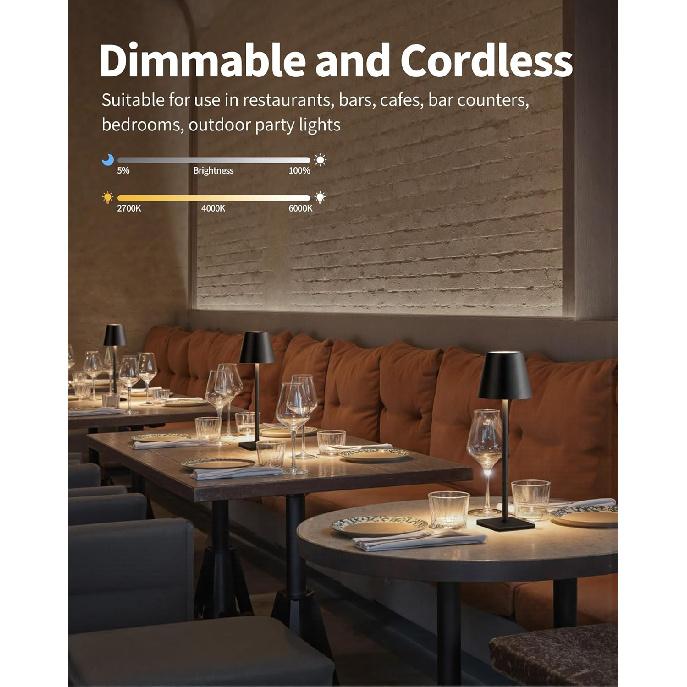 KDG 2 Pack Cordless Black Table Lamps, Rechargeable Portable LED Desk Lamps | 5000mAh Battery Operated 3 Color Stepless Dimming Up for Restaurant,