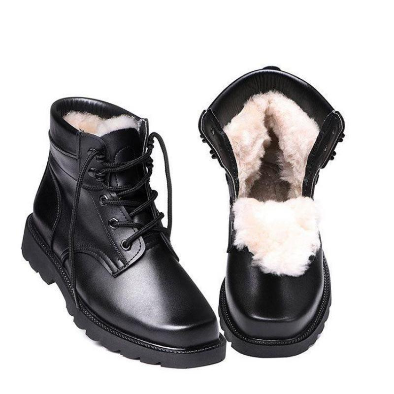 Pánské zimní vlněné kožené bojové boty s ocelovou špičkou a podrážkou – Hřejivé boty Martin s podšívkou ze sametu s vojenským háčkem pro bezpečnost.