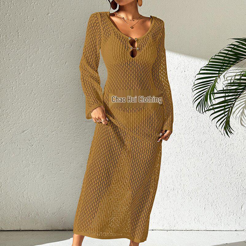 European-American Hollow Texture V-Neck Button Backless Long-Sleeve Beach Dress
