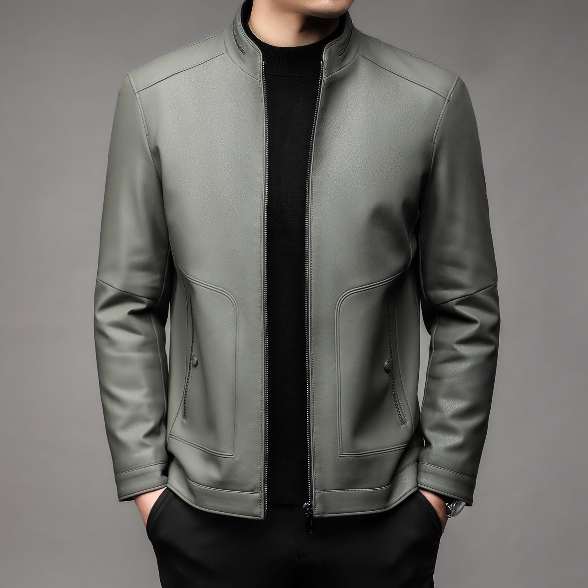 Осенняя флисовая кожаная куртка для мужчин среднего возраста больших размеров с отворотами — фото 4