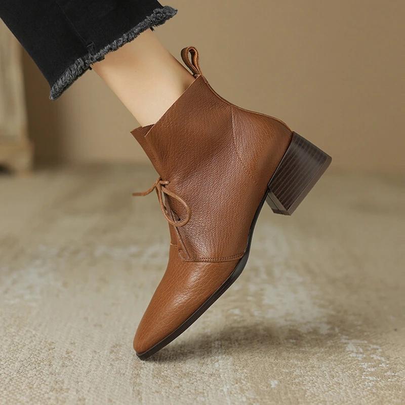 Fashion NEW Autumn Women Boots Square Toe Chunky Heel Boots Genuine Leather Shoes for Women Lace-up Ankle Boots Elegent Winter Boots