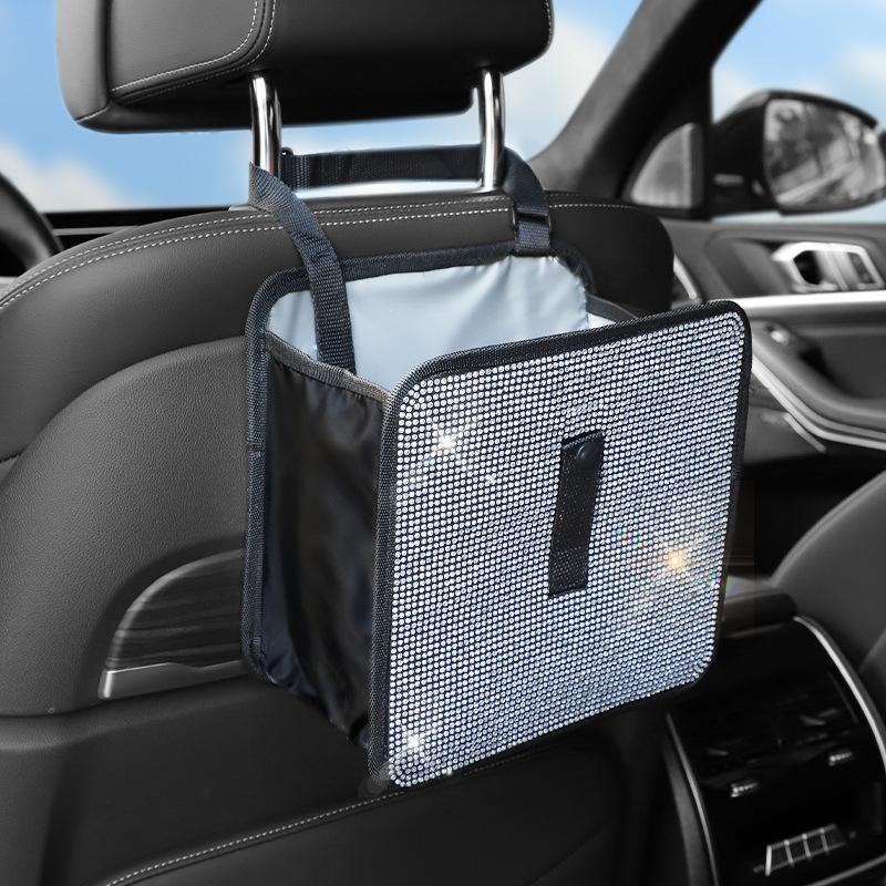 Bling Collapsible Car Trash Can Large Capacity Seat Back Hanging Garbage Storage Bag Organizer For Women Interior Accessories