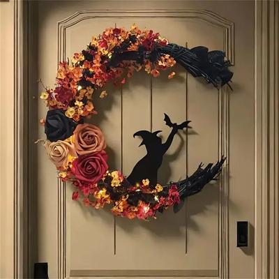 1 szt. Wieniec Halloweenowy, Plastikowy Półksiężyc z Kotem i Akcentami Róż, Świąteczna Dekoracja Drzwi Wejściowych, Okna, Ściany, na Boże Narodzenie