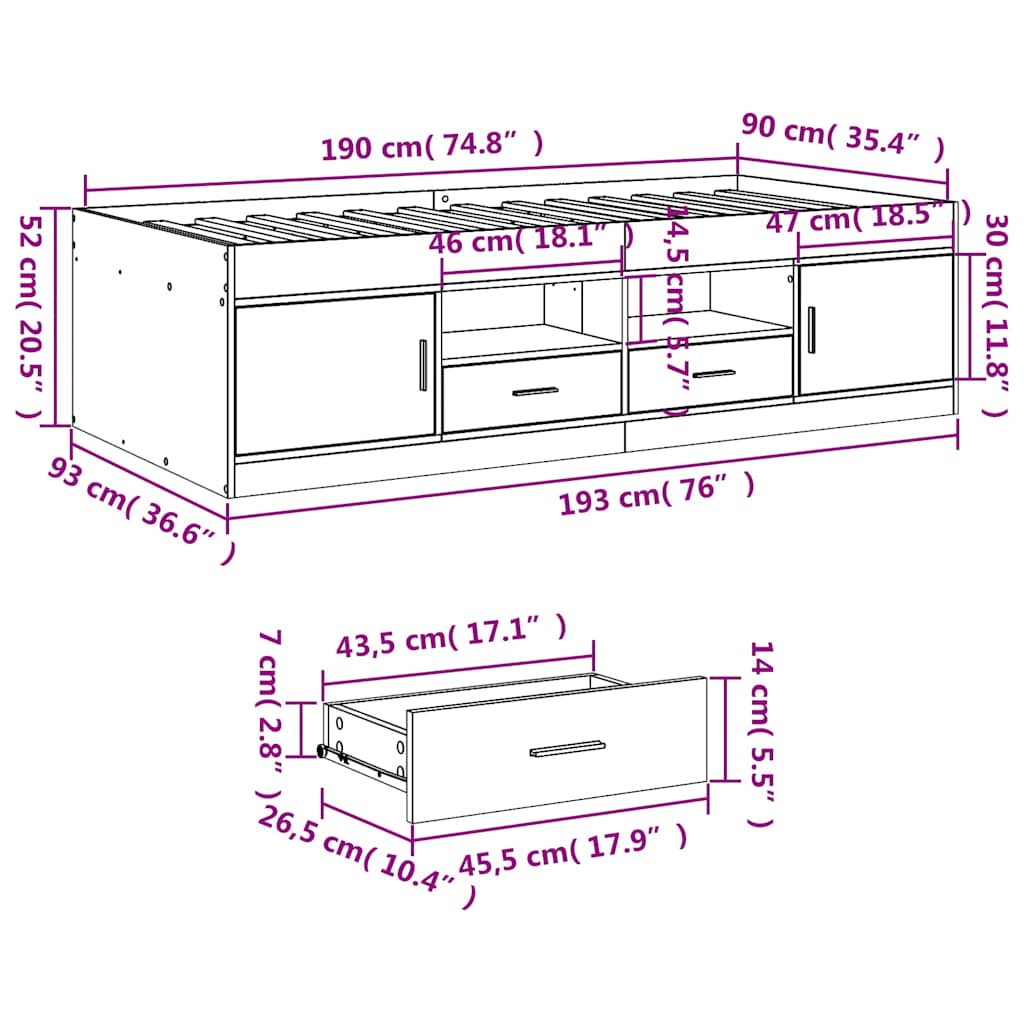 Daybed with Drawers Without Mattress Smoked Oak 90 X 190 Cm