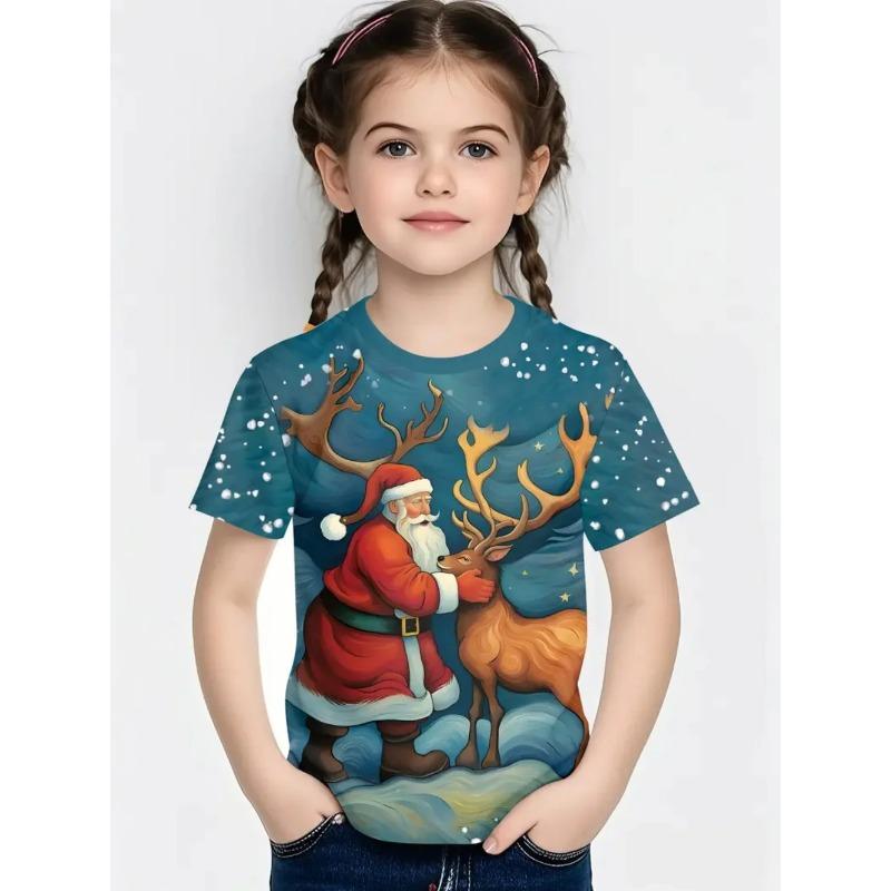 Round Neck 3D Christmas Theme Printed Short Sleeved Children's Girl T-shirts - Soft Medium Stretch Polyester Fabric Summer Relaxed Fit Clothing