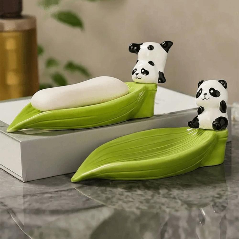 Bamboo Panda Soap Dish Cute Soap Tray Green Soap Rack  Kitchen