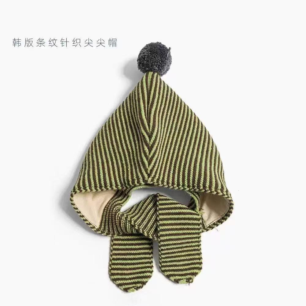 Children's striped hat and scarf integrated autumn and winter elf pointed hairball ear hat, windproof and warm for boys and girls