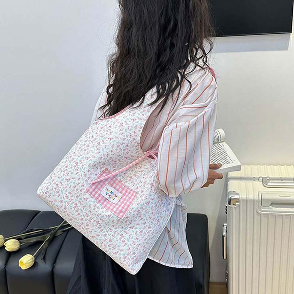 Sweet Plaid Cloth Vest Pouch Lattice Women Floral Handbag Simple Tote Bag  Summer