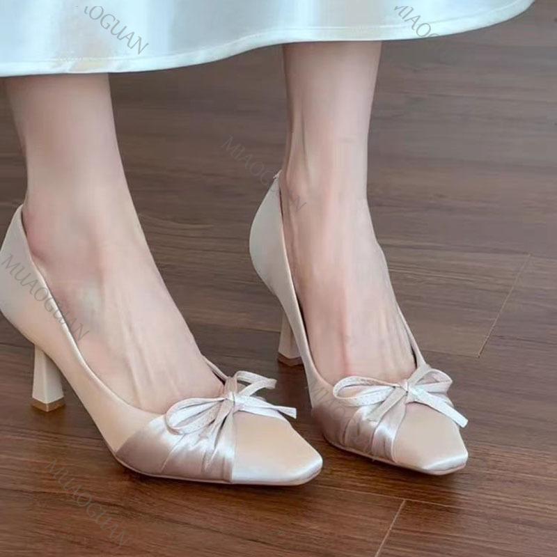 Fashion Bowknot High Heels for Women Spring and Summer New Square Head Temperament Pumps Party Shallow Mouth Beige Heeled Single Shoes