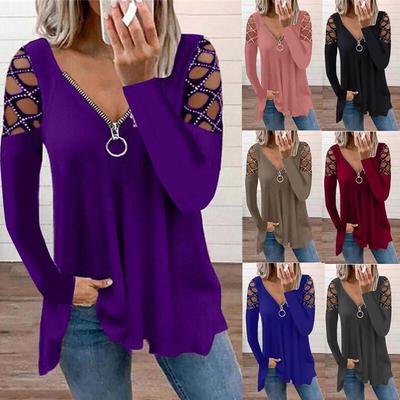 2025 V-Neck Solid Color Hollow Sleeve Drilled Casual Women's Top
