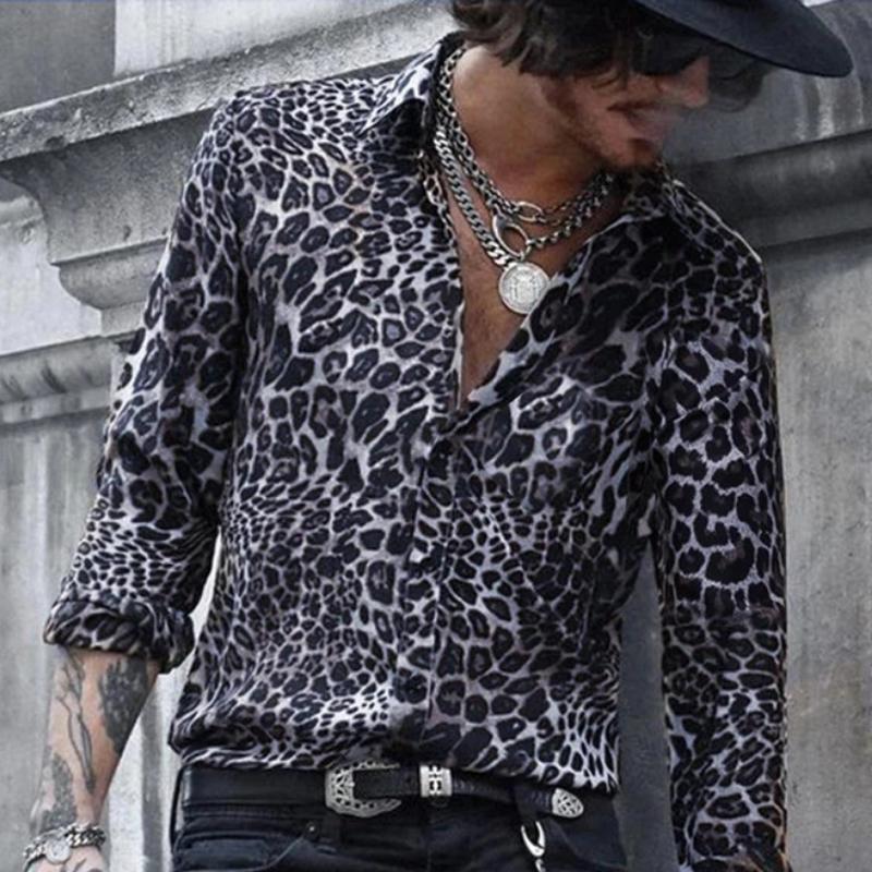 

Мужская рубашка с леопардовым принтом, рубашка с длинным рукавом, повседневная мужская одежда S белый