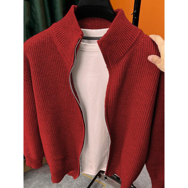 Men's Slim Fit Stand-Up Collar Zip-Up Cardigan - Versatile Solid Color Knitwear for Autumn and Winter