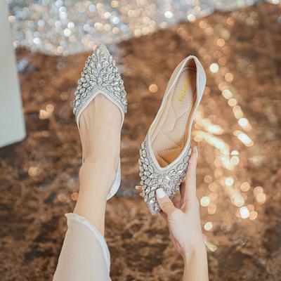 Large Size Single Shoes Women's Summer 2025 New Korean Version Gentle Pointed Rhinestone Flat Bottom Soft Sole Temperament Fairy Bridesmaid Shoes