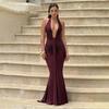 New Solid Color Elegant Neck Deep V Waist Long Dress Sexy Backless Streamer Fishtail Dress