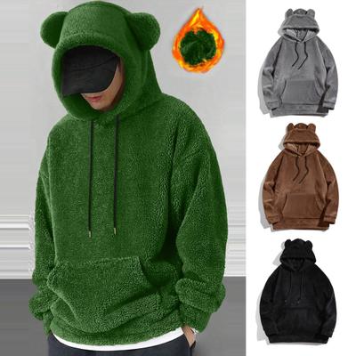 Winter Men Hoodie with Cartoon Ear Decor Double-sided Velvet with Big Front Pocket Loose Long