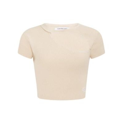 Einfarbige Lochstickerei Hohe Taille Schlanke Passform Kurze Ärmel Strickoberteil Damen Oberteile Beige J221129-ACI