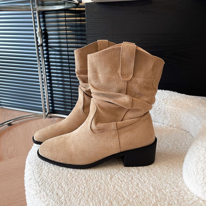 Knight boots women's 2025 new long tube thick heel Maillard brown tall boots retro suede pleated pile boots