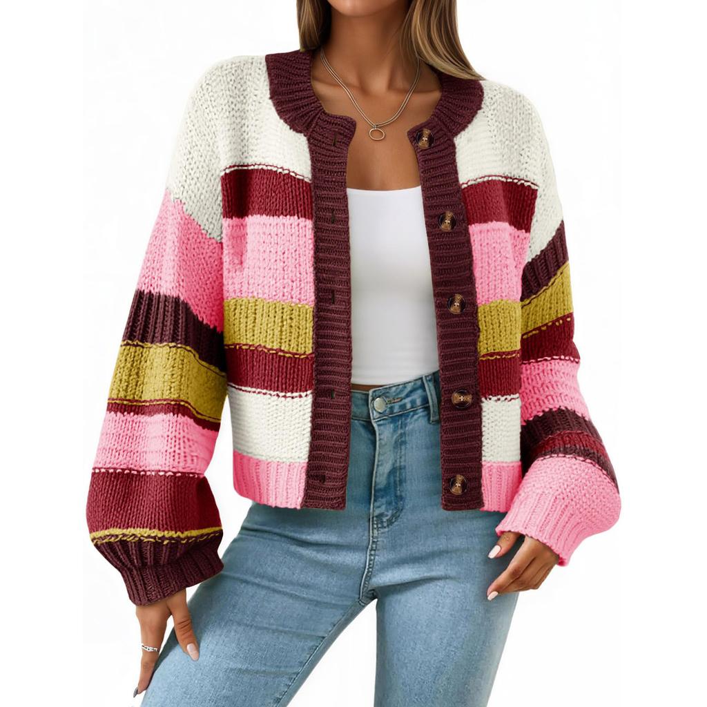 Women's Striped Chunky Needle Button-Down Cardigan Sweater Colorblock Long Sleeve Knitted Jacket