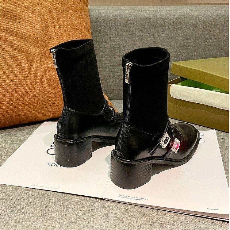 2025 Rhinestone Retro Chunky Heel Elastic Sock Boots, 5cm High, Black Mary Janes for Men