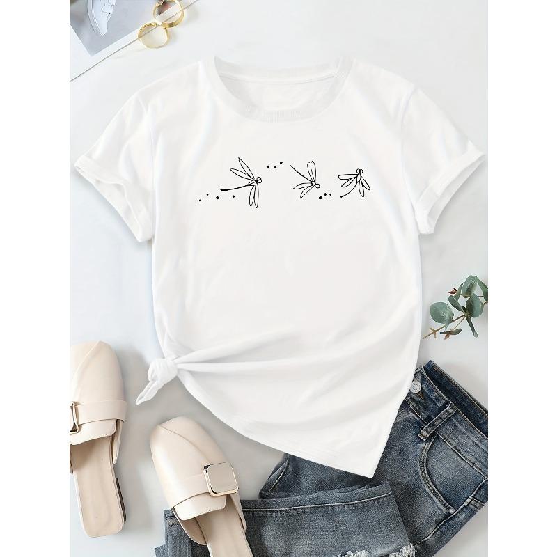 Tallas europeas para mujer;s   Camiseta Casual de Manga Corta con Estampado de Animales Mariposa y Libélula, Cuello Redondo