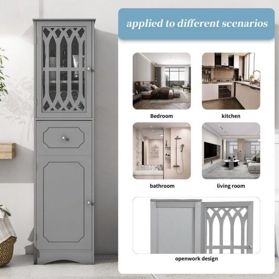 Bathroom Cabinet with Drawer Dual Doors 2 Compartments Adjustable Shelf Hollow Modern Freestanding Tall Floor Narrow Storage Cabinet