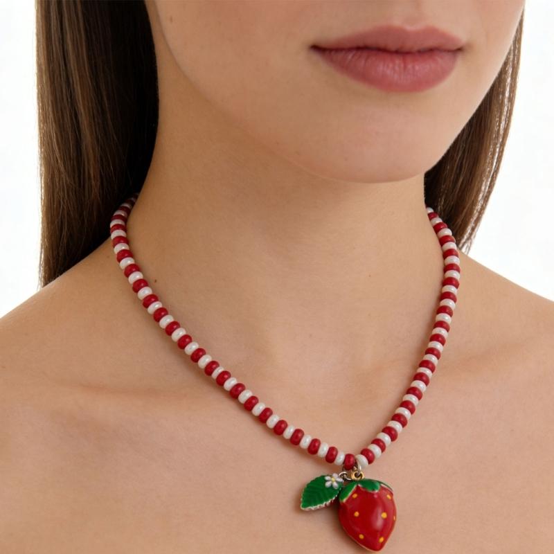 Lively Colorful Bead Necklace With Banana Strawberry Orange Fruit Charm Dopamine Inspired For Women Fashion Accessory