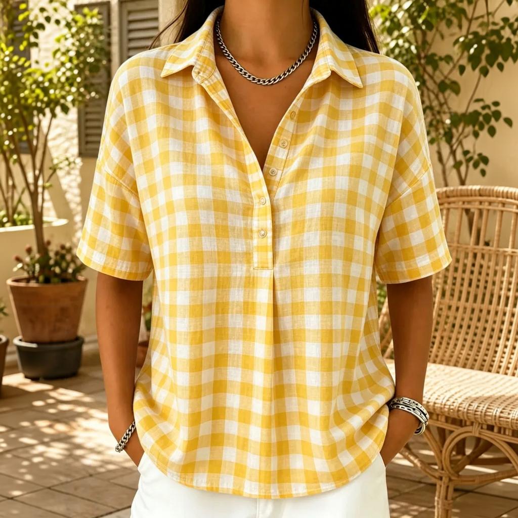 Women Casual Plaid Short Sleeve Shirt Half Button Down Collar Relaxed Fit Lightweight Blouse for Everyday Wear