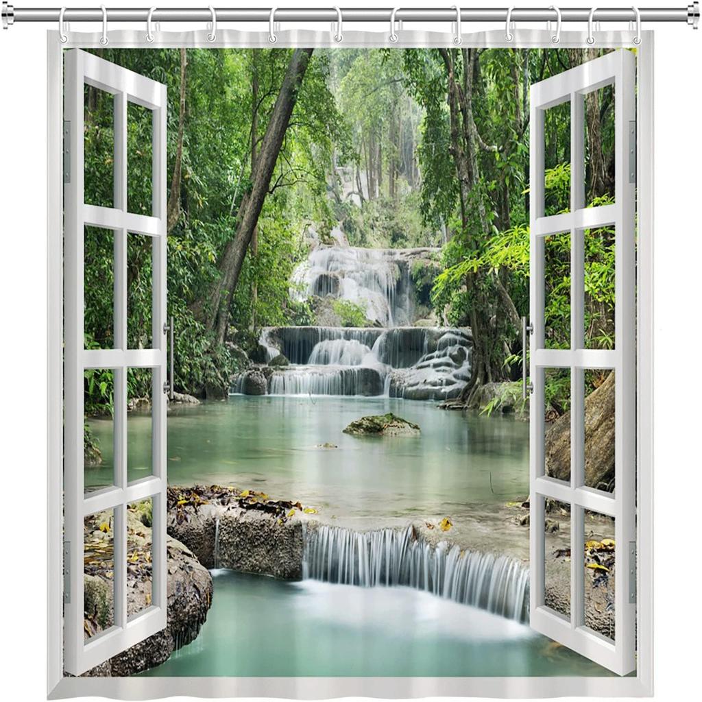 Forest Waterfall Shower Curtain Spring Nature Scenic Green Tree Tropical Jungle Rainforest River Stone Landscape Fabric Bathroom