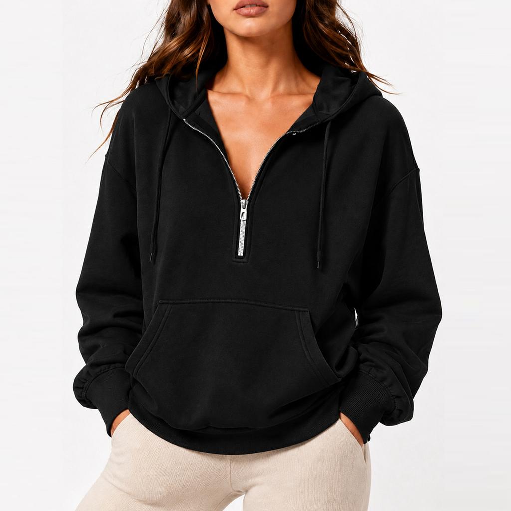 Womens Casual Pullover Hoodie Half Zip Sweatshirt Long Sleeve Kangaroo Pocket Hooded Top Lightweight Soft Fabric