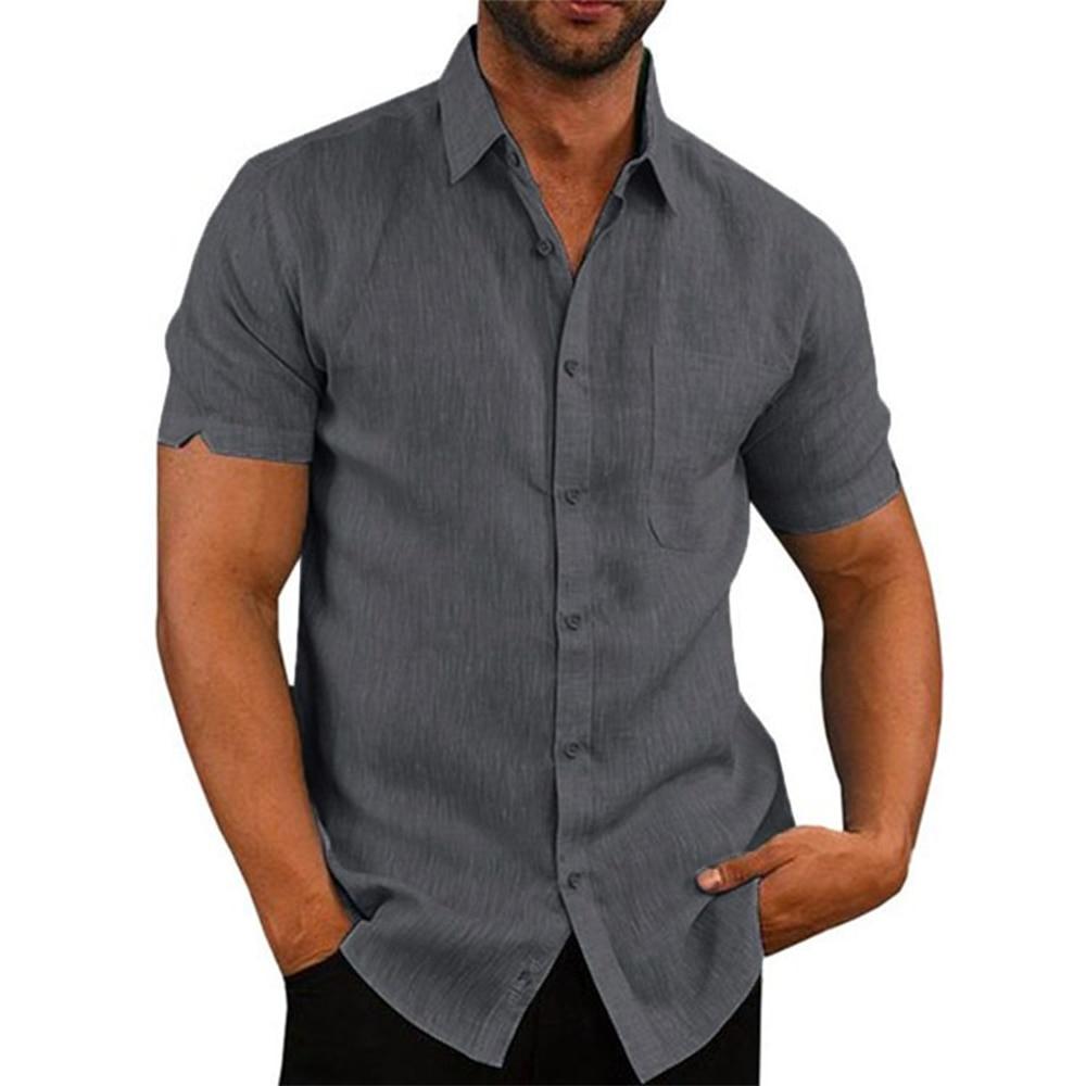 Cotton Linen Men's Short-Sleeved Shirts Summer Solid Color Turn-down Collar Casual Beach Style Plus Size