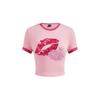 Womens Pink Ringer Crop Top With Red Lips Print Short Sleeve Slim Fit Casual Round Neck Tee