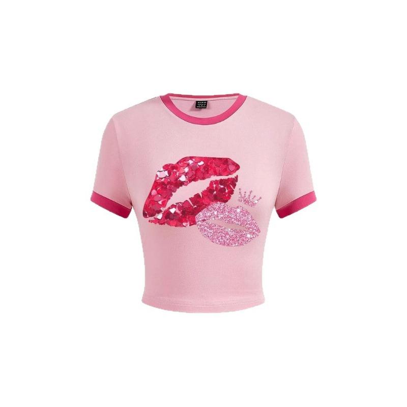 Womens Pink Ringer Crop Top With Red Lips Print Short Sleeve Slim Fit Casual Round Neck Tee