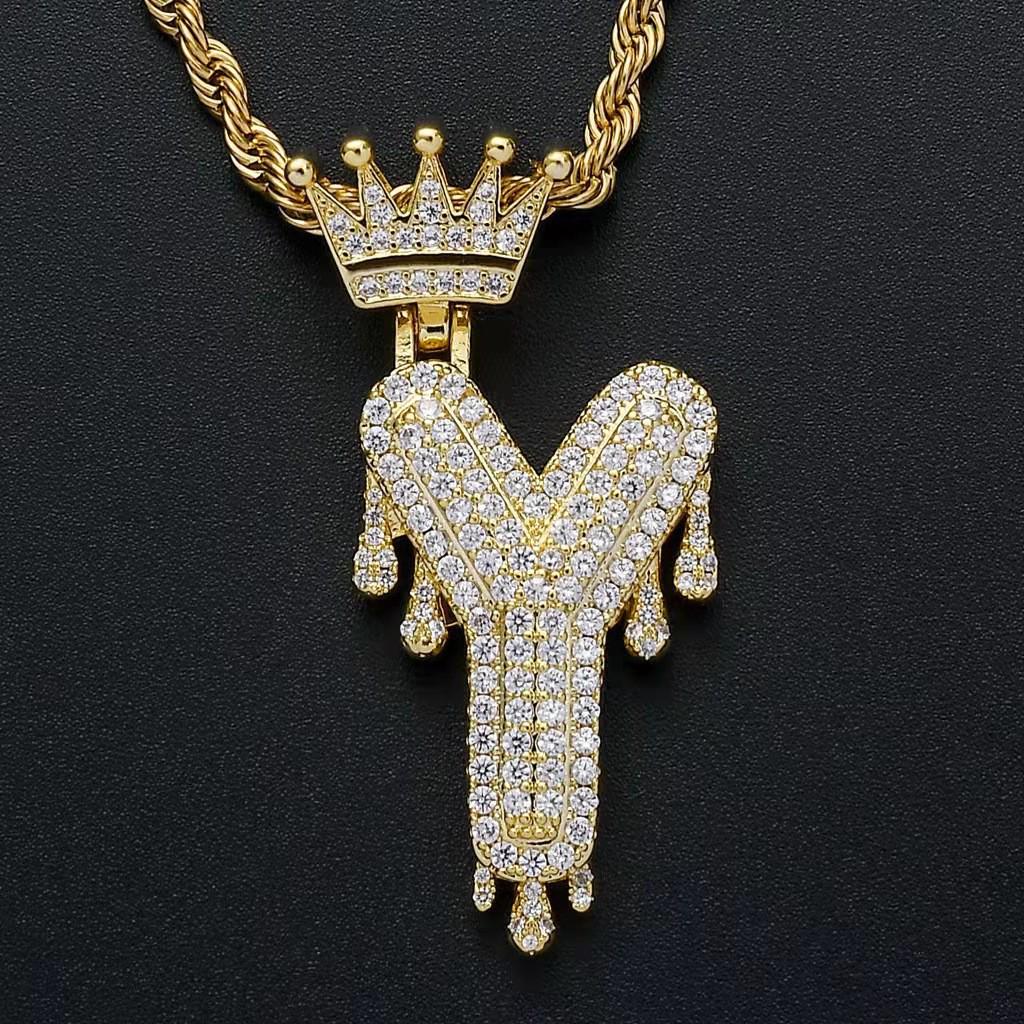 Stylish Hip Hop Zircon Crown Pendant Necklace with 26 English Letters for Women