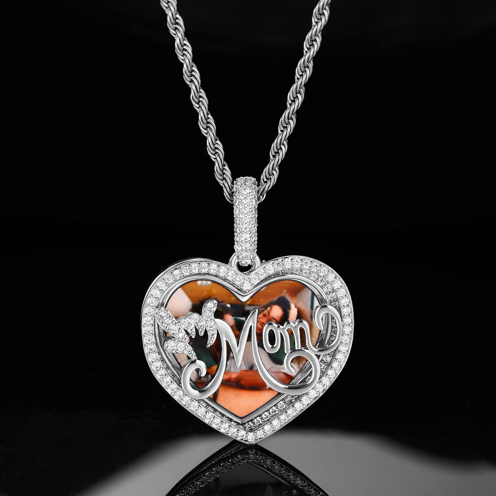 

European & American Hip Hop Heart Photo Necklace: Copper Zirconia Pendant with DIY Personalized Heart Frame