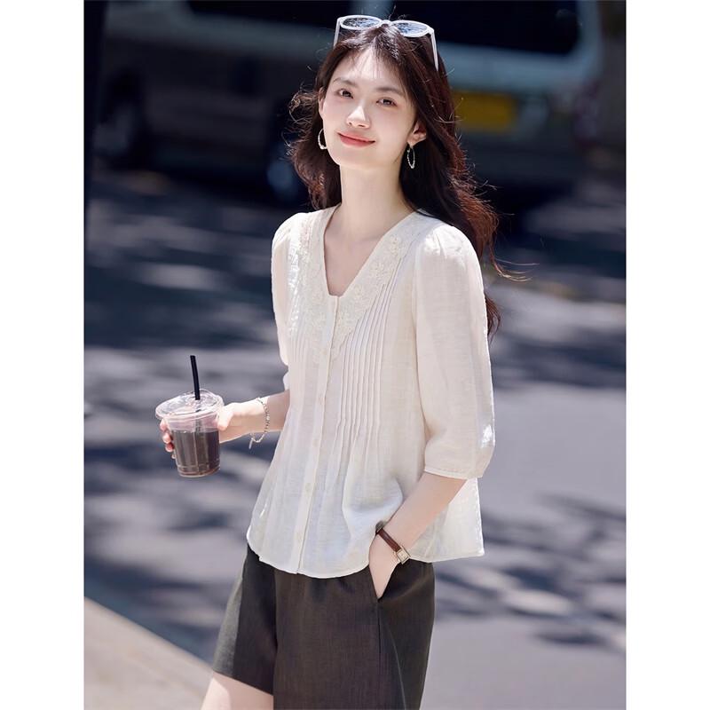 Women s Linen Blend Pleated V-Neck Blouse M