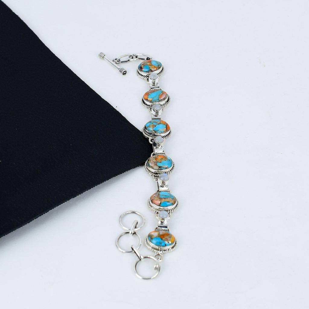 Orange Spiny Oyster, Moonstone Adjustable 925 Sterling Silver Bracelet, Boho Silver Jewelry Bracelet, Gifts For Valentine Gifts For Her