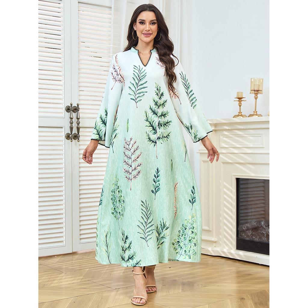 kpoooopstar Women's Casual Maxi Dress - Light Green Plant Print Arabian Style