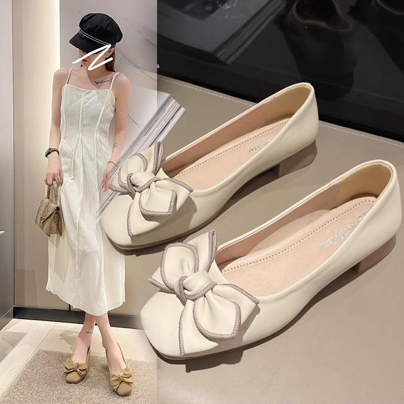 Niche Bow Square Head Shallow Mouth Single Shoes Women's Spring and Autumn New Pregnant Women Ladyshoes Flat Shoes