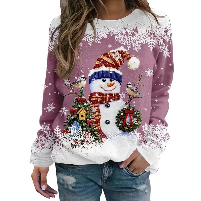 Christmas Snowman Print Sweatshirts Women Fashion Casual Streetwear O-Neck Hoodies Y2k Pullovers Harajuku Tops Woman Clothing