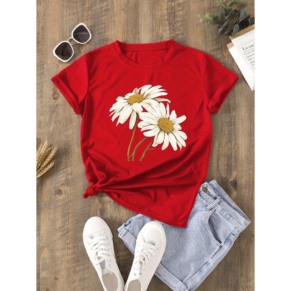 Daisy Floral Women's Tee - Boho Botanical Graphic, Casual Summer Top