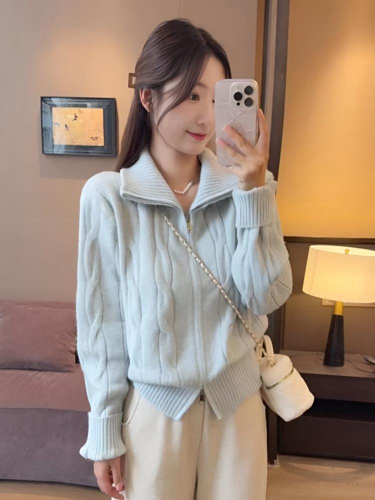 Soft waxy zipper turtleneck twist cardigan sweater autumn and winter super good-looking milk fufu knitted jacket women