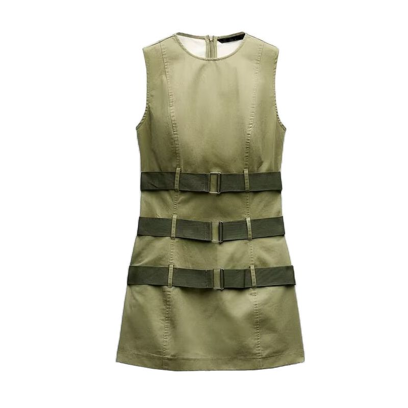 Spring New Retro Sleeveless Short Tight Dress Cargo Army Green Vest Skirt 5427301
