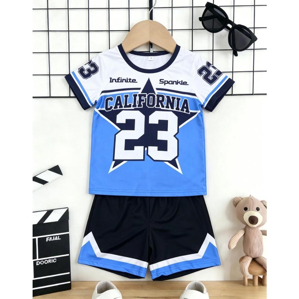 

Boys Blue and White Color Block 23 Printed Short Sleeve Set 150