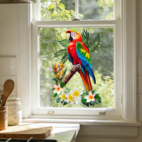 Tropical Parrots On Branch Window Clings Bird Flowers Palm Leaves Anti-Collision Glass Door Sticker Removable Waterproof Static PVC Decals