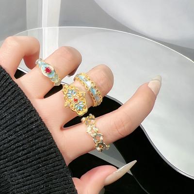 Exquisite Enamel Ring Chinese Style Metal Open Rings Fashion Chinese Vintage Rings  Jewelry Gift